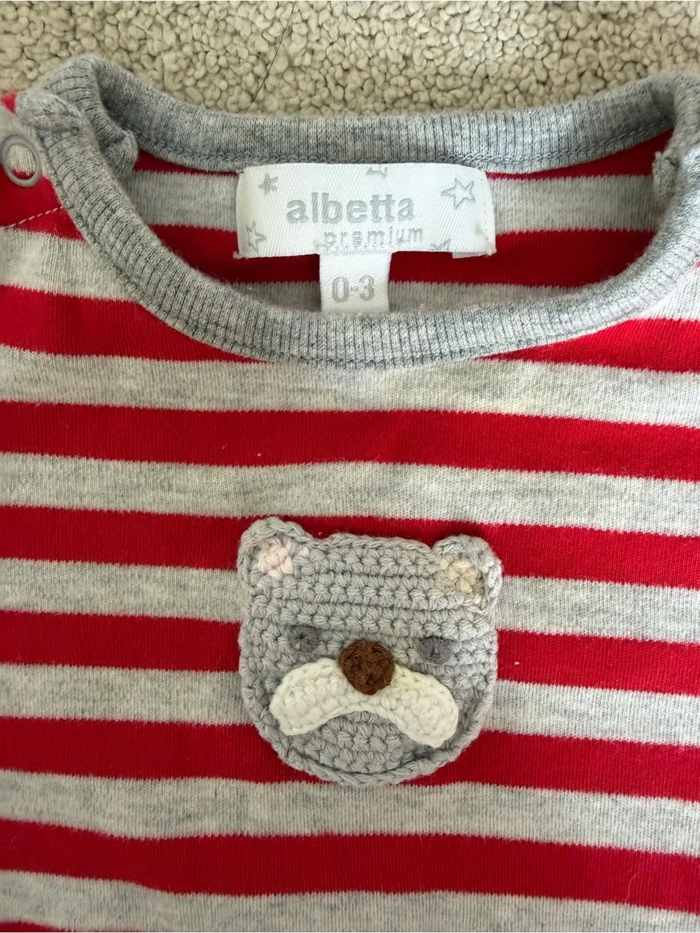 Albetta Red & Light Gray Striped Baby One-Piece with Bear Applique